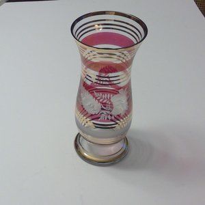 Stunning Vintage Floral Etched Glass Vase w/ Gold, Cranberry, Frosted Bands